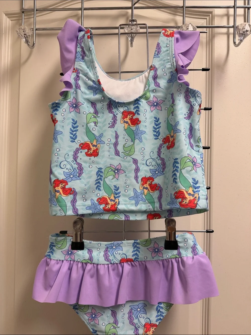 Girls Ariel The Little Mermaid Print Tankini Set with Lilac Ruffle